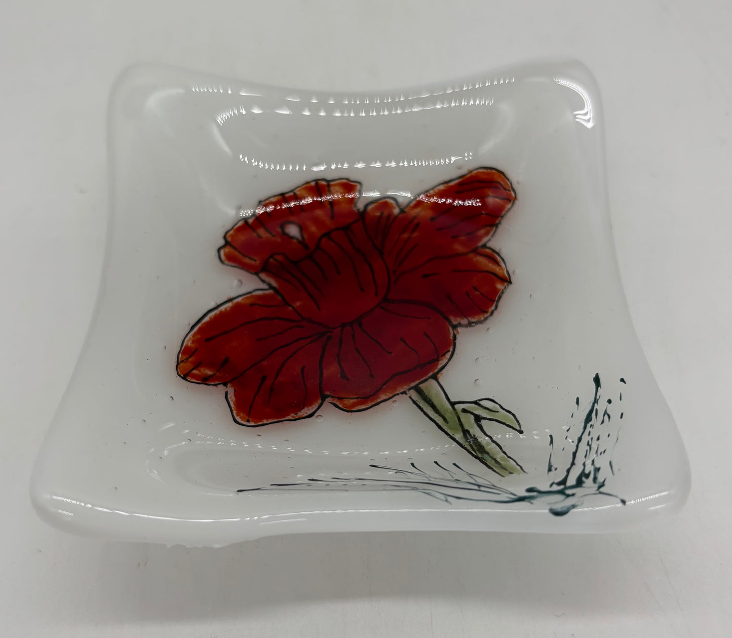 Deep Square Bowl - One Red Flower