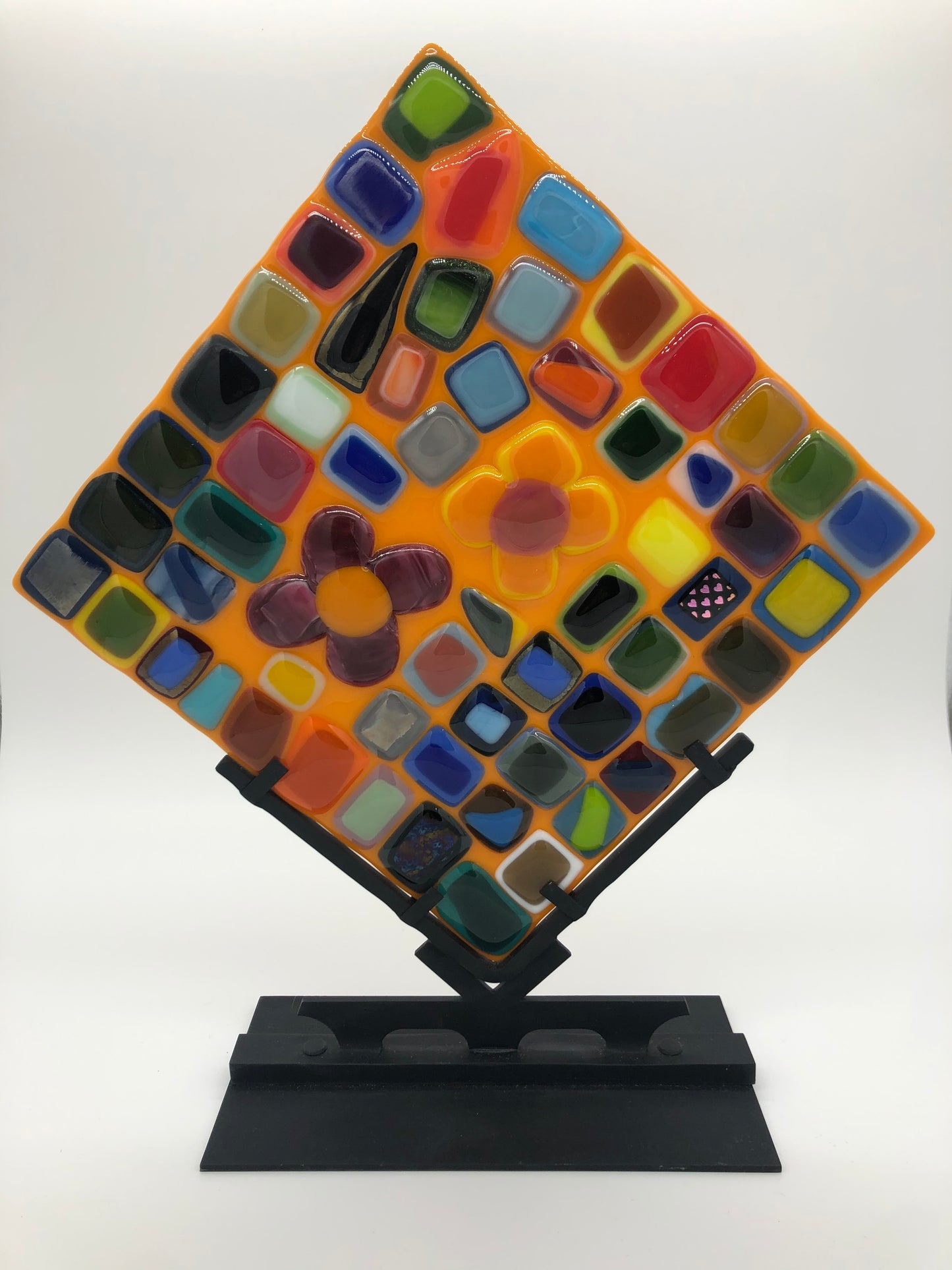 Glass on Stand - Double Mosaic with Flowers on Orange