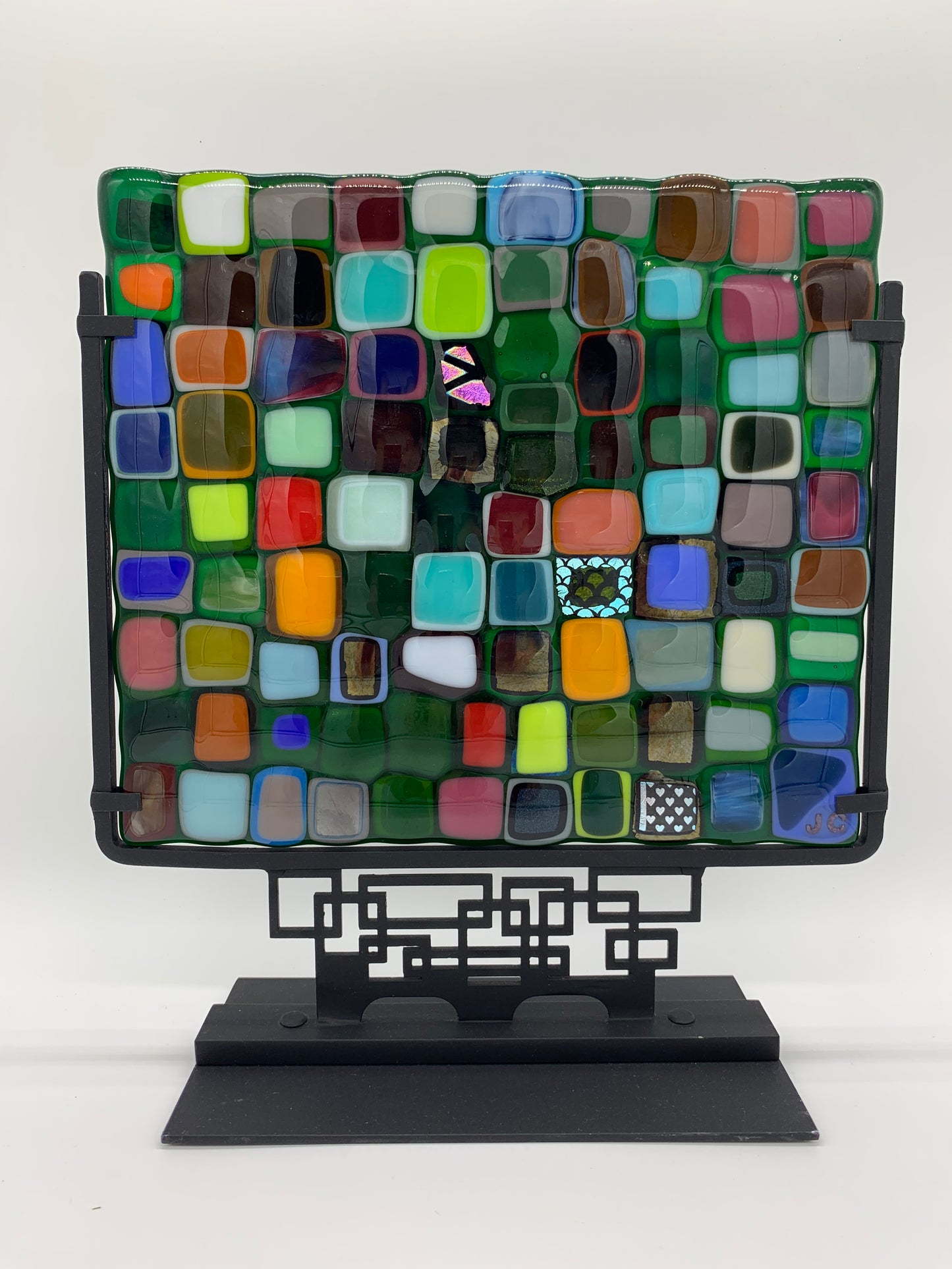 Glass on Stand - Double Mosaic on Trans Green
