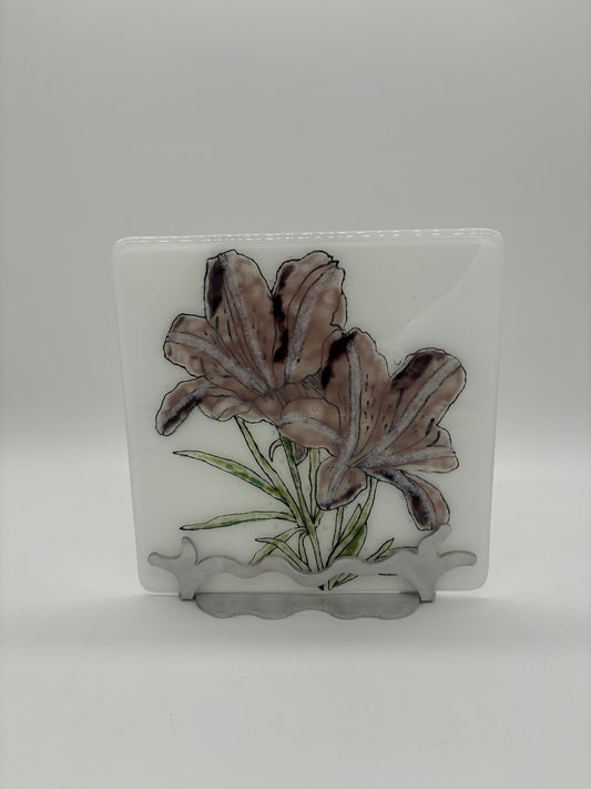 Glass on Stand - Purple Flowers on White