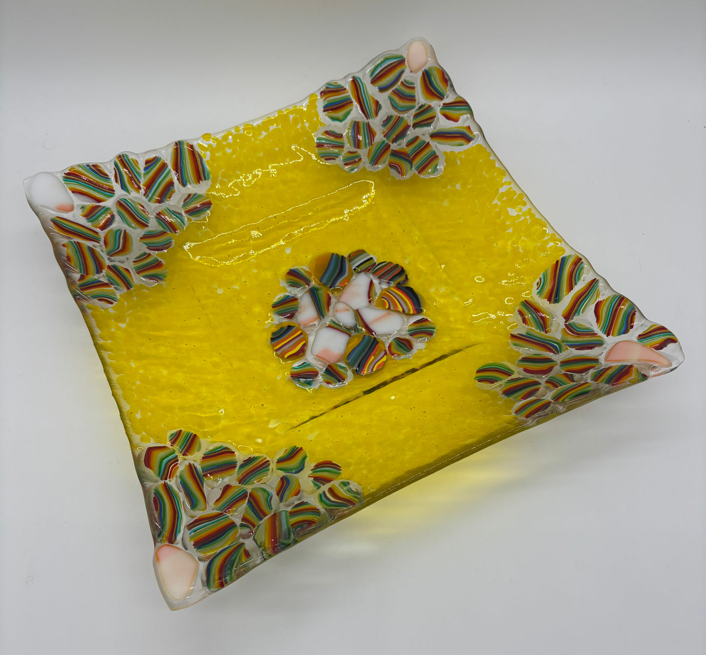 Square Bottom Platter - Rainbow on Yellow