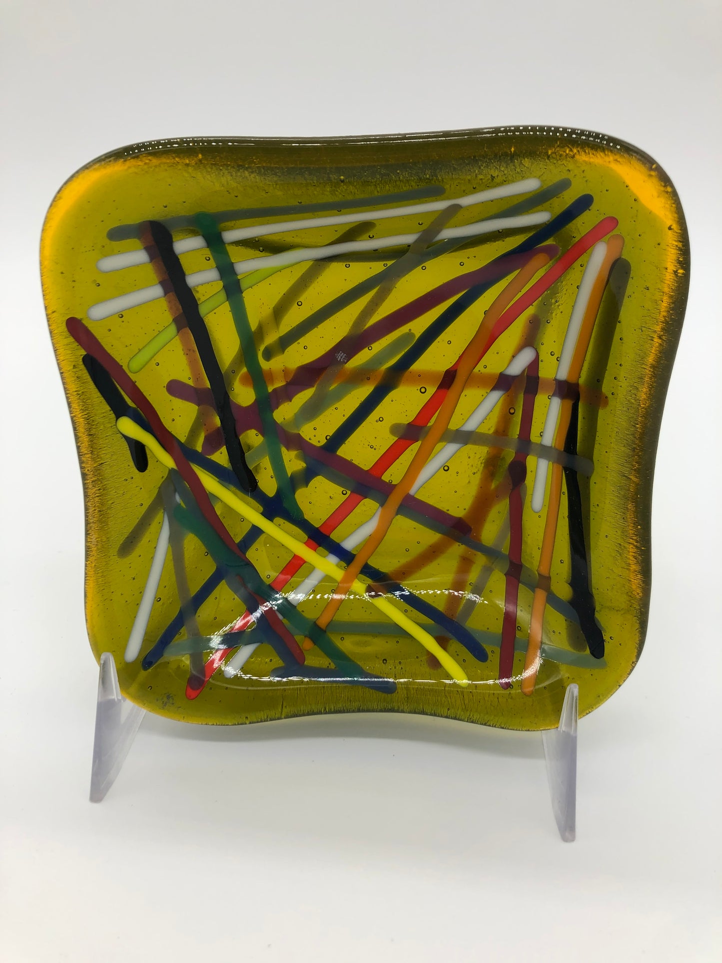 Deep Square Bowl - Multi Color Stringers on Trans Yellow