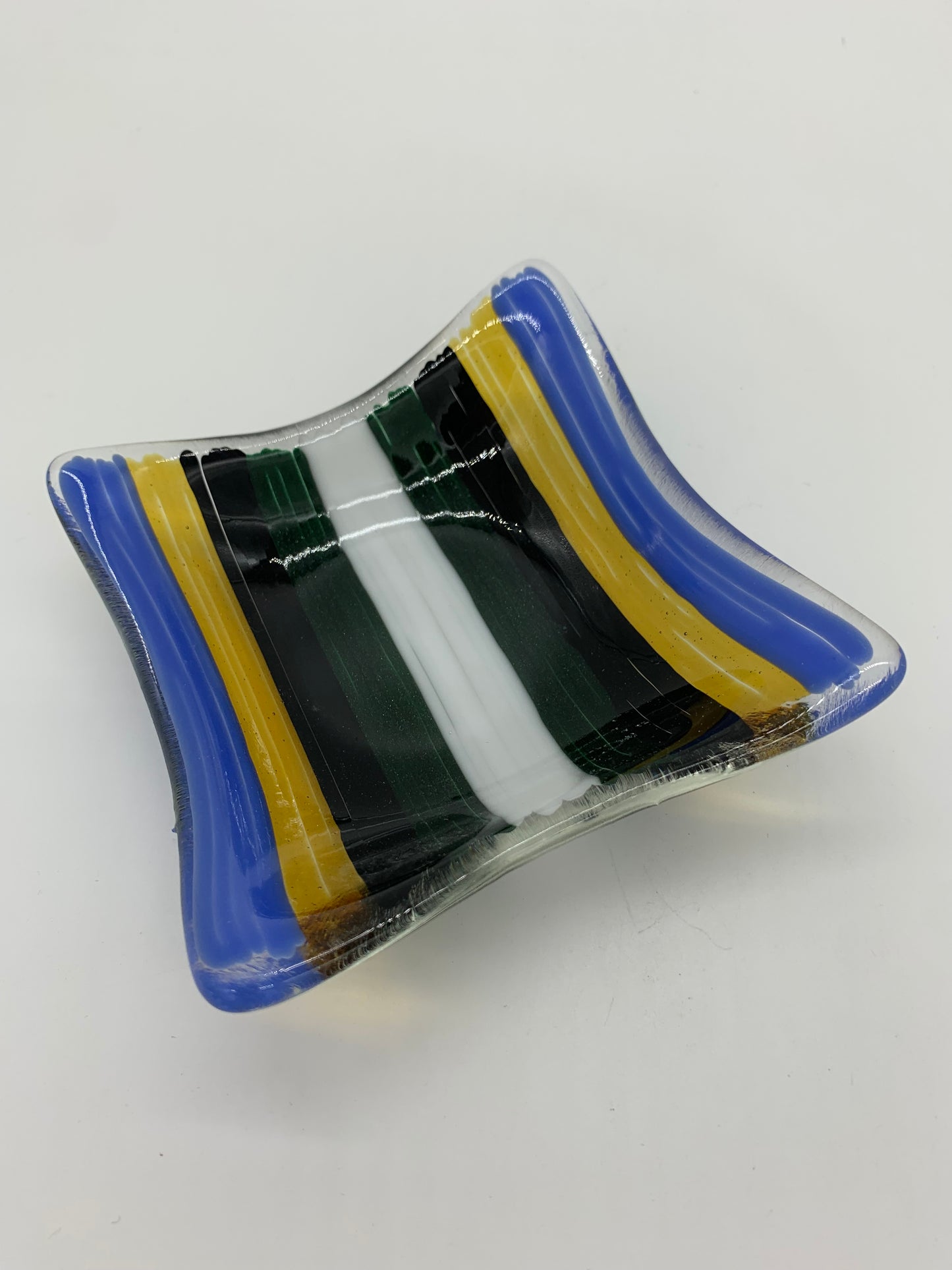 Deep Square Bowl - Blue Yellow Green and White Stringers